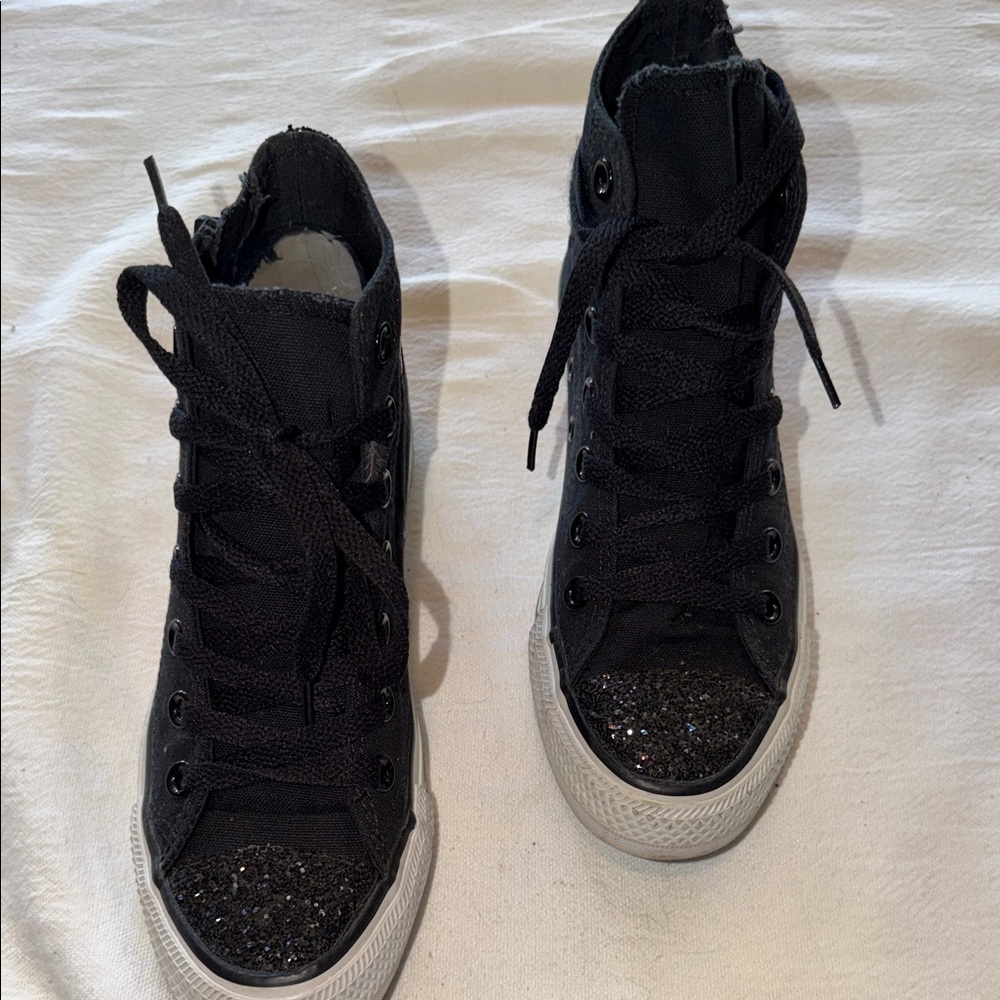 Converse Chuck Taylor All Star Black High Top Glitter Toe Zipper Kids Sneakers